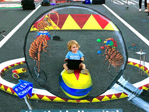Posing with Flea circus 3D pavement art