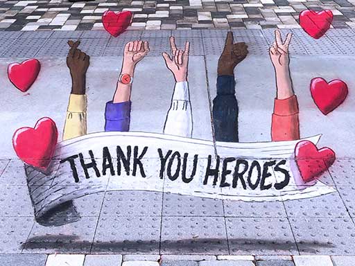 Thank You Heroes pavement chalk art to honor healthcare workers