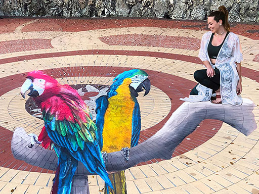 Posing with 3D macaws chalk art