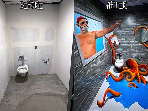 Before and after of Bill Murray Steve Zissou with octopus wall mural