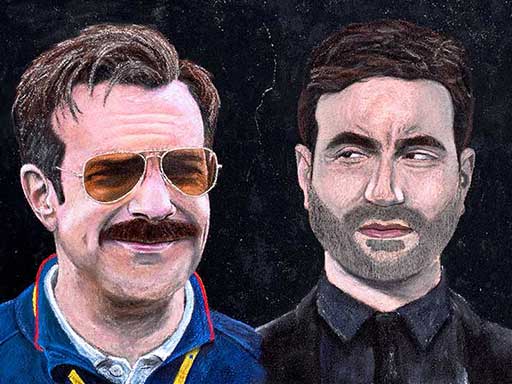 Chalk portraits of Ted Lasso and Roy Kent