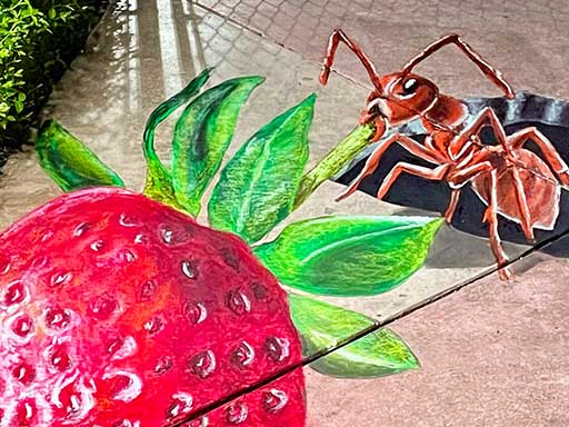 3D chalk art of ant dragging strawberry into hole.