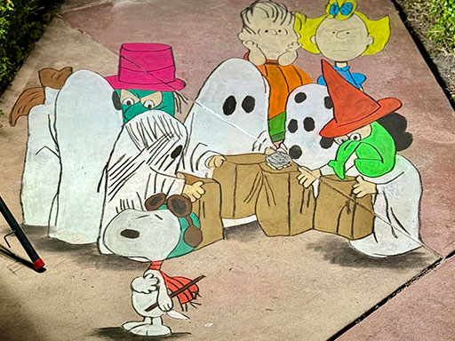 3D chalk art of the Peanuts gang from Its the Great Pumpkin Charlie Brown.