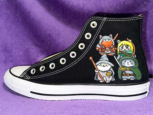 Converse All-Star hightop sneakers with Lord of the Rings theme in the style of Pusheen the cat