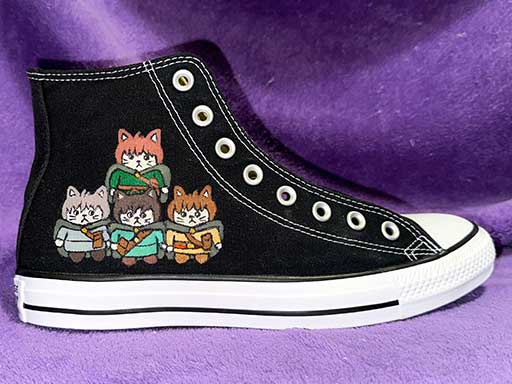 Converse All-Star hightop sneakers with Lord of the Rings theme in the style of Pusheen the cat