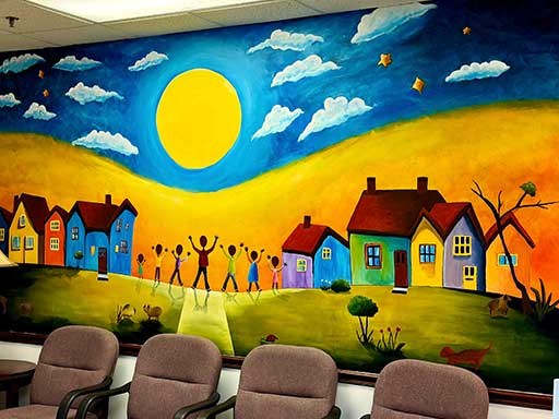 Angle view of wall mural featuring children coming home against a bright background