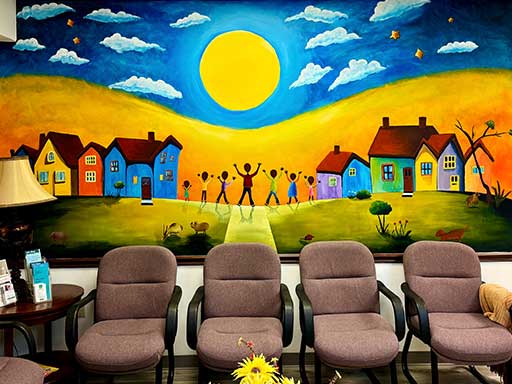 Wall mural featuring children coming home against a bright background, with furnishings