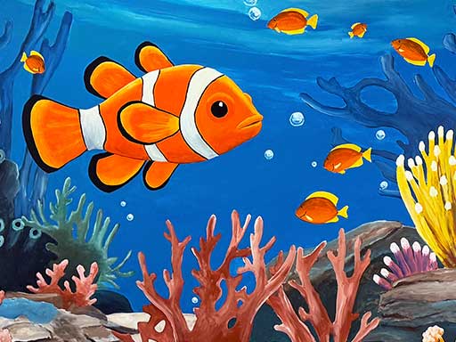 Detail of wall mural featuring underwater coral and clownfish
