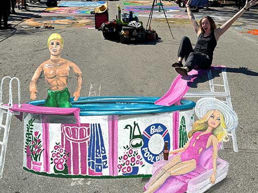 Posing with 3D painted image of Ken and Barbie dolls in Pool Party set