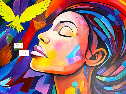 Detail of colorful abstract wall mural with woman's profile and birds