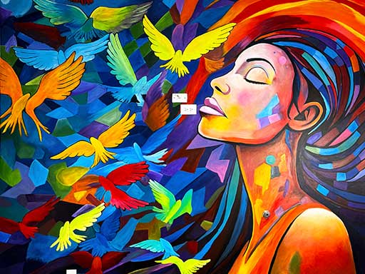 Colorful abstract wall mural with woman's profile and birds
